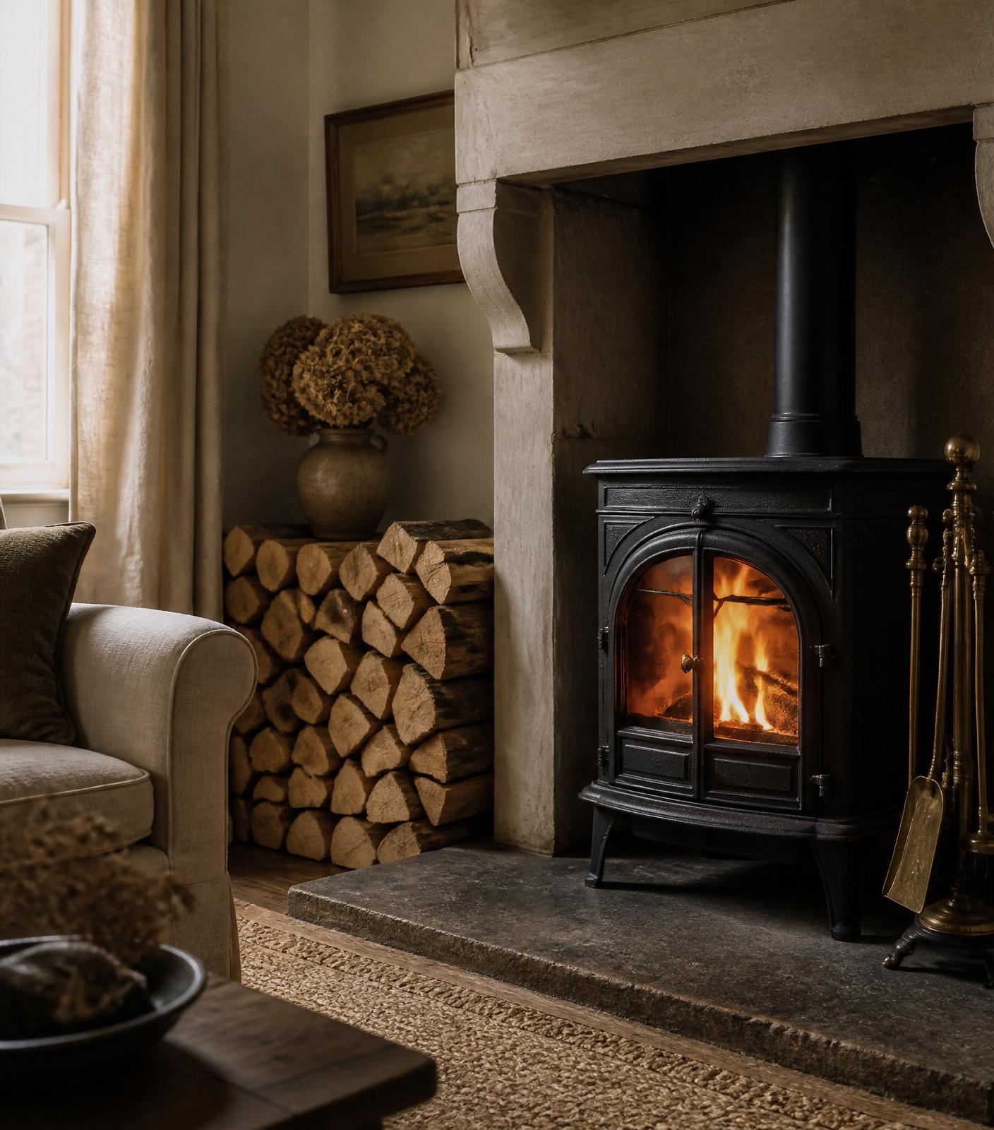 Cast-iron wood burning stove installed in a warm English living room