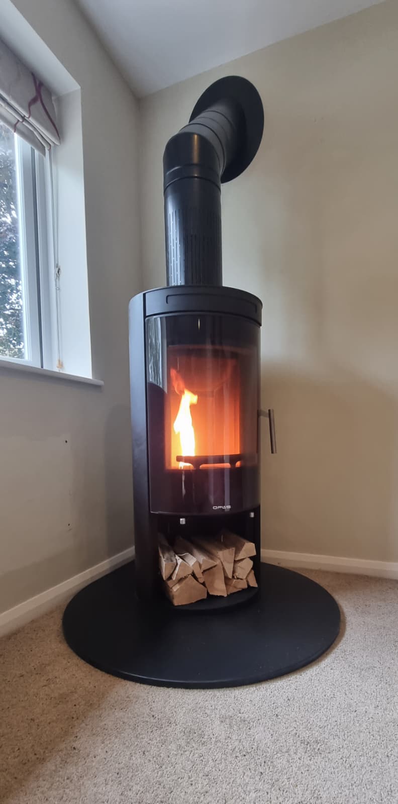 Tall cylindrical freestanding wood burner with integrated log storage base
