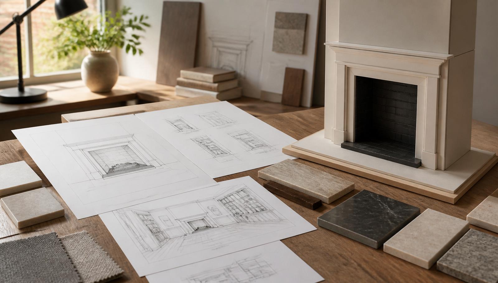Fireplace design drawings, material samples and a chimney breast model on an architect's desk