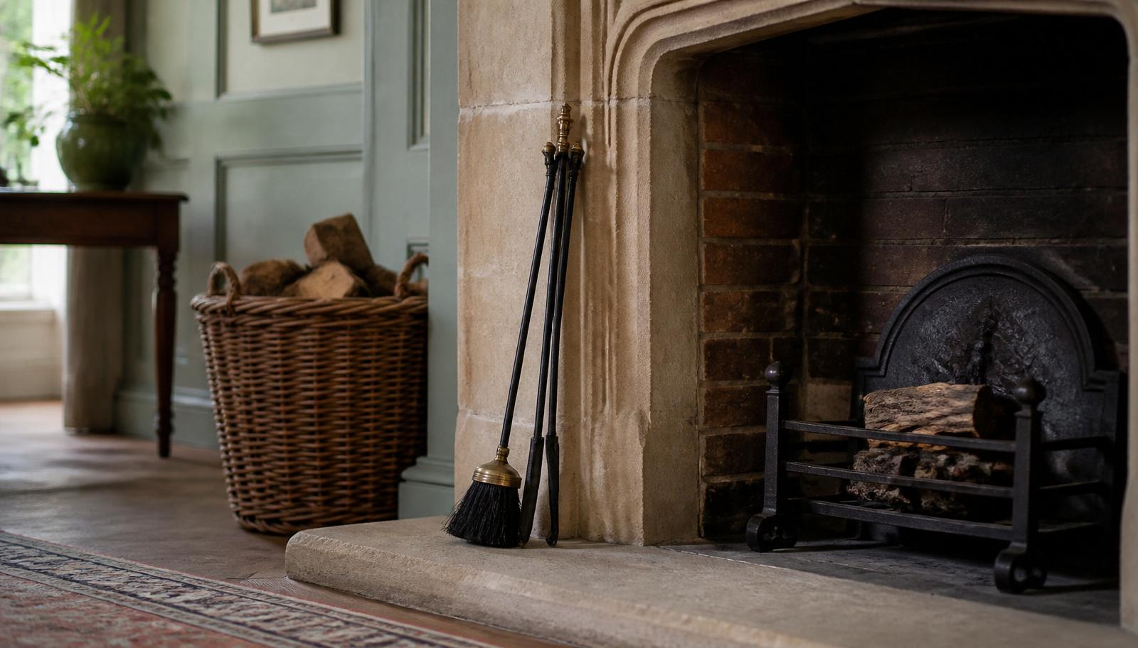 Traditional fireplace with chimney sweep brush and rods, sweeping and servicing in Windsor